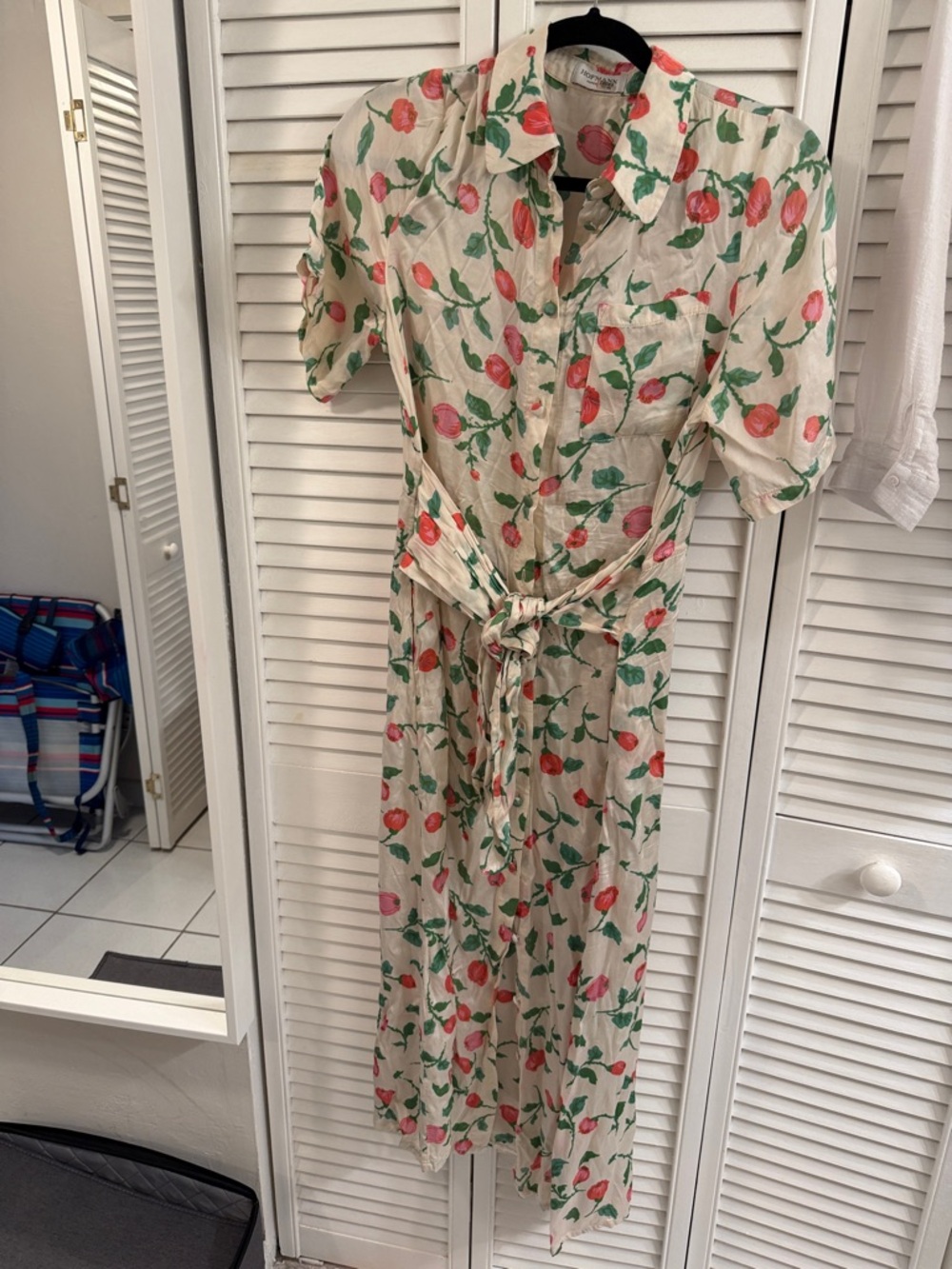 Cream Floral-Print Button Midi Dress with Tie Waist
